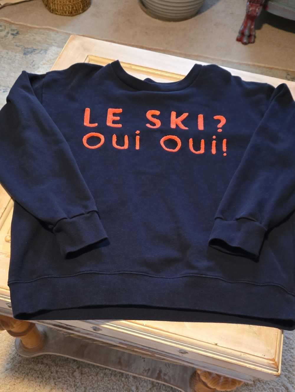 J. Crew Navy Crewneck Sweatshirt with Orange 'LE SKI? OUI OUI!' Graphic